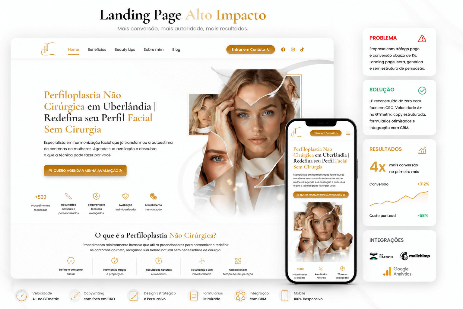 Landing page de alta conversão — performance A+ GTmetrix, desenvolvida com WordPress e código customizado